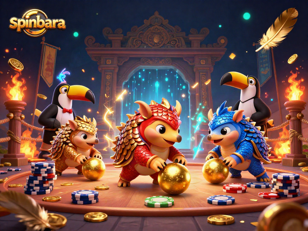 Engage in thrilling spins at Spinbara Casino, experiencing a vibrant 3D showdown with competitive pangolins and lively casino elements.