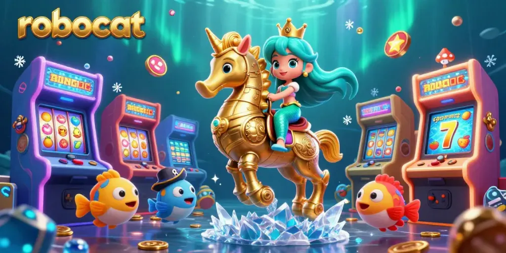 Engage with robocat slots and jackpots through this vibrant underwater casino scene.