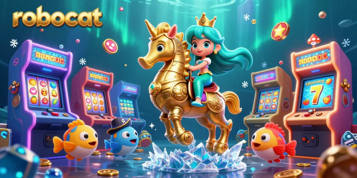 Engage with robocat slots and jackpots through this vibrant underwater casino scene.