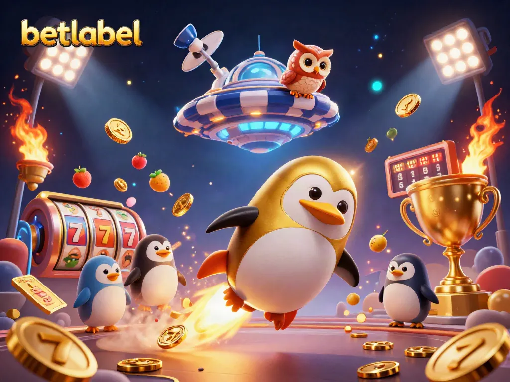 Betlabel offers thrilling casino action with a golden penguin in space, showcasing exciting slot elements.